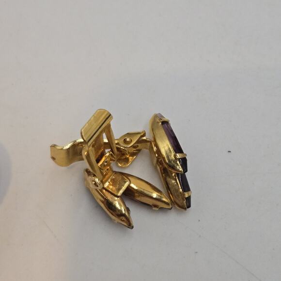 Vintage Purple Amethyst Glass Navette Rhinestone Earrings Dainty Sparkly - Picture 3 of 4